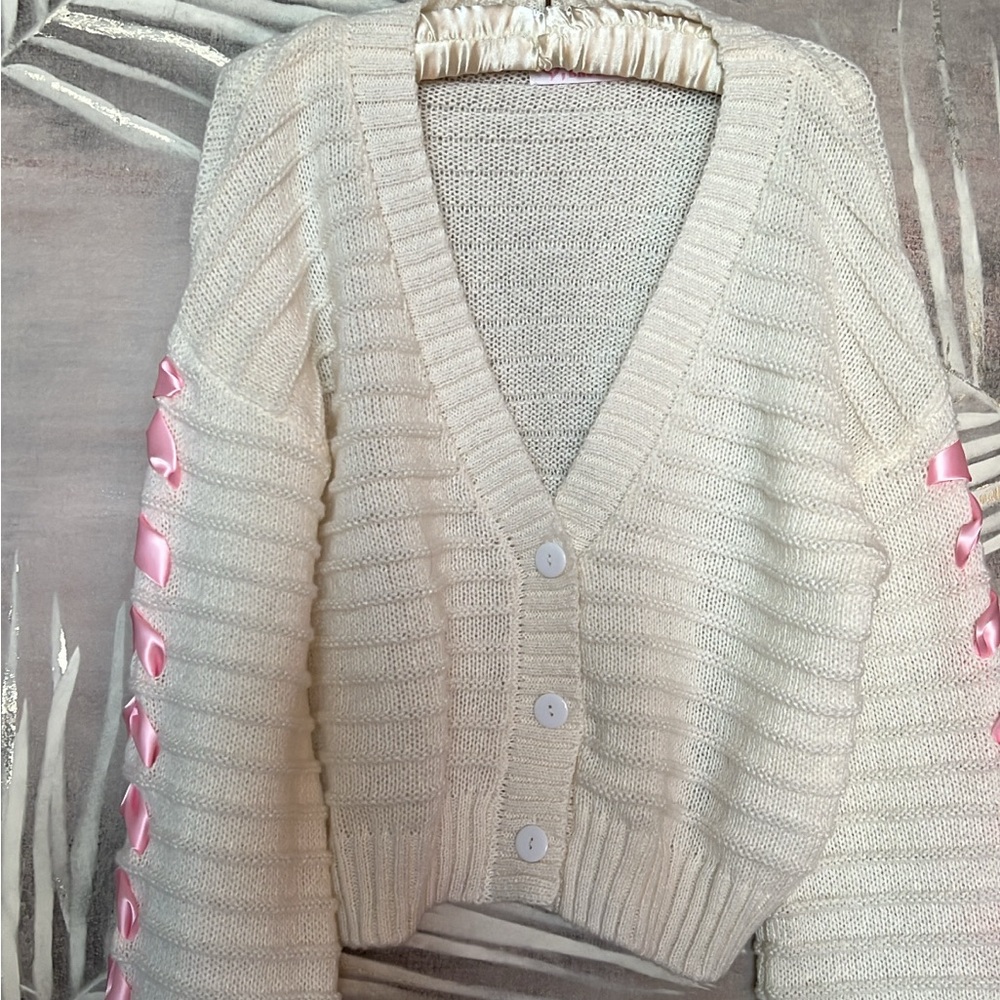 Cream Cardigan with Pink Accents